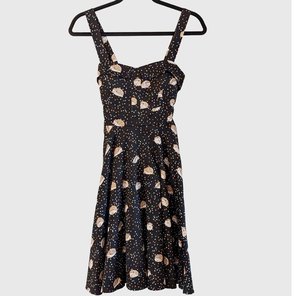 Eva Rose Hedgehog Fit & Flare Dress Black Cotton Made USA S Cute Twee
